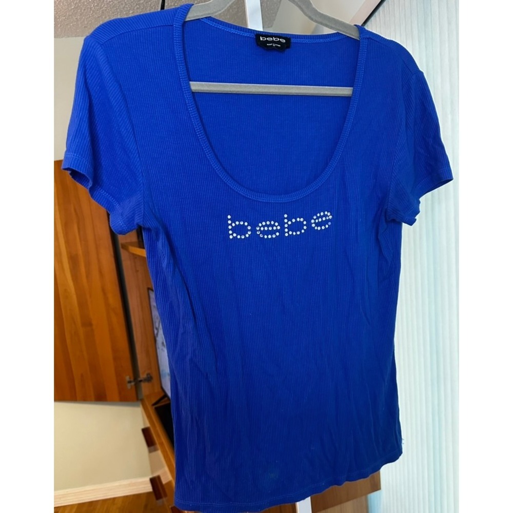Bebe Womens Royal Blue Ribbed Rhinestone Logo Scoop Neck Short Sleeve Tee Size M